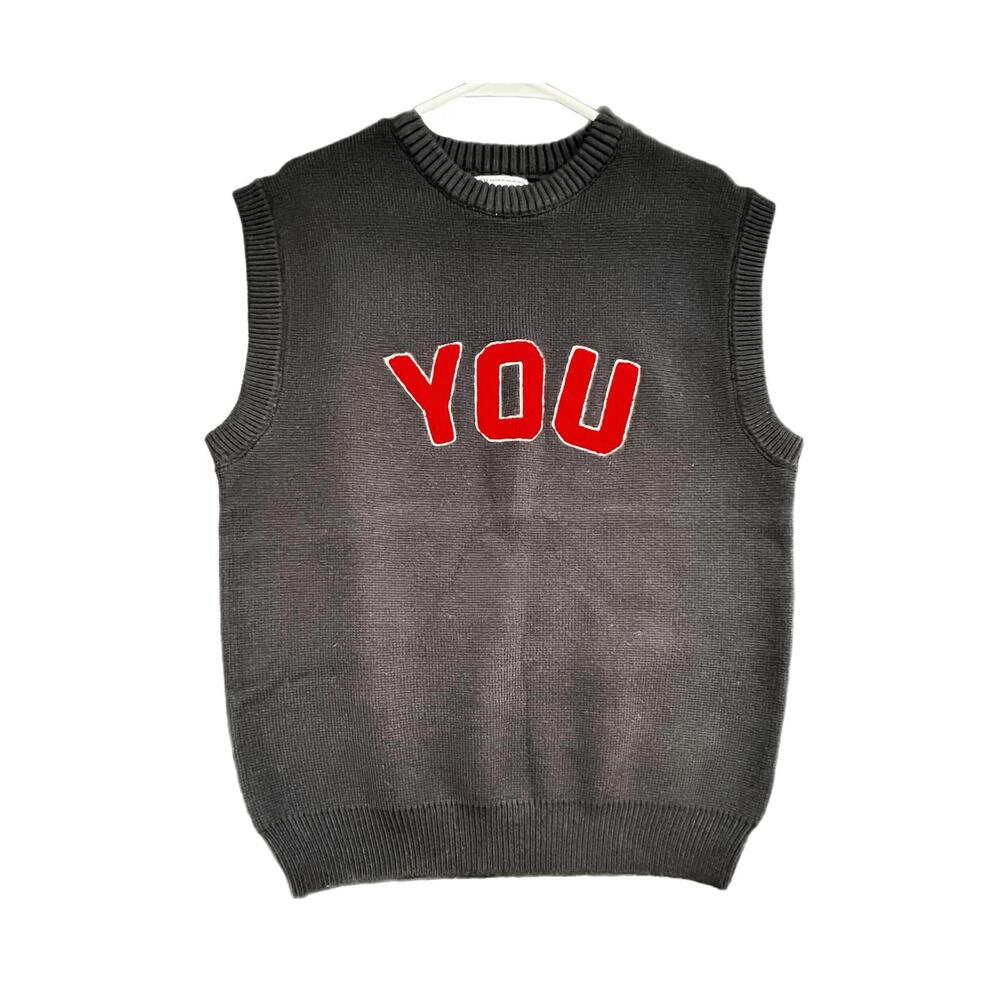 ZARA Sweater Vest Dark Navy YOU Graphic Collegiate S/M